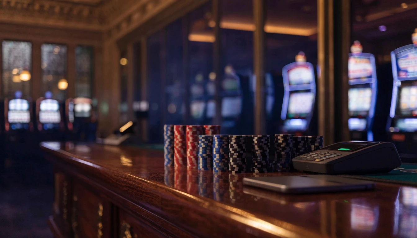 London casino lounge with poker chips and a smartphone on the bar counter
