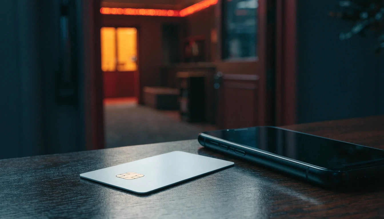Contactless card and turned-away smartphone outside a UK casino