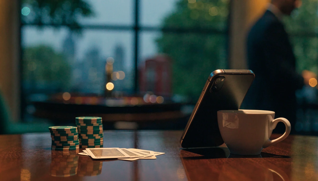 Stylish London casino lounge with chips, cards, and smartphone at night