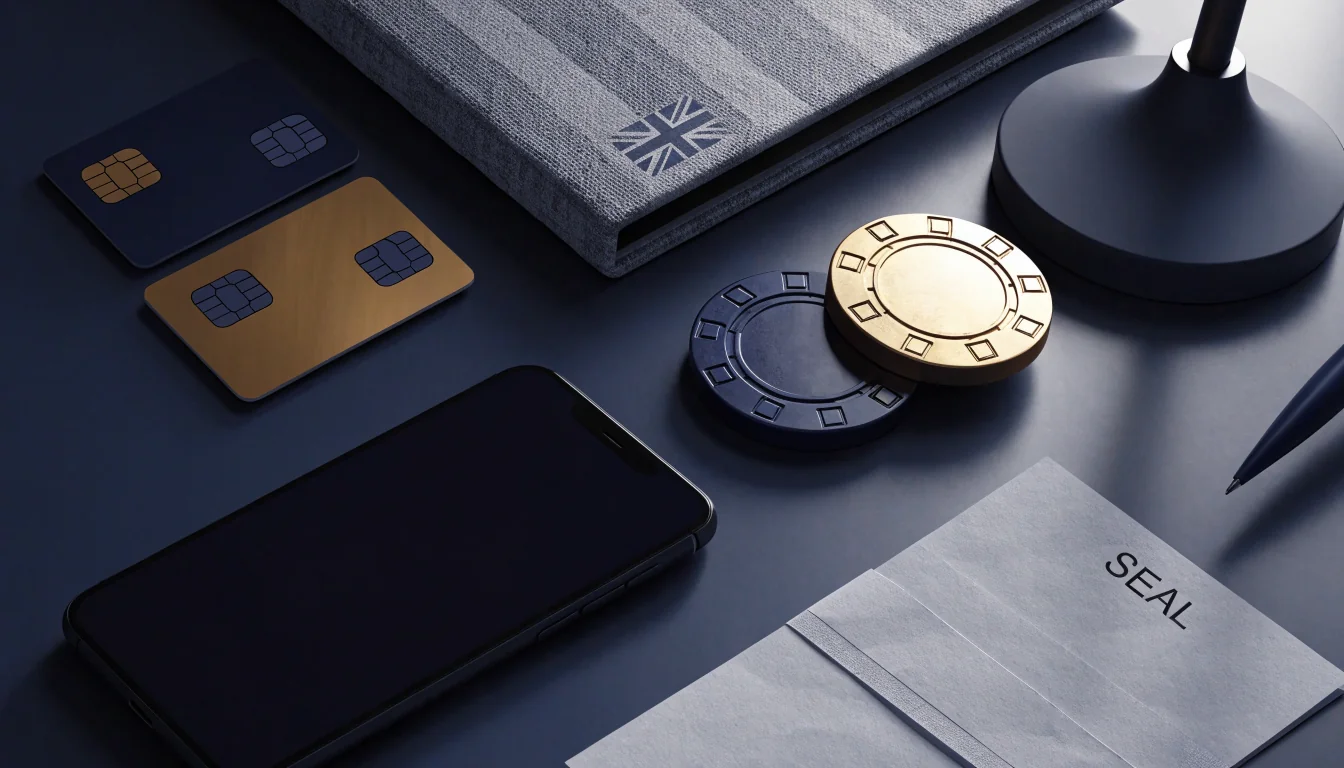Phone, payment cards, casino chips and bonus document on a UK-themed desk.