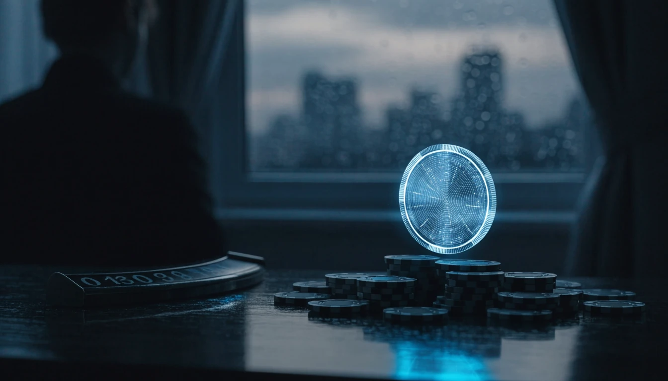 Casino chips and a glowing Ripple XRP coin on a desk with a rainy London window in the background.