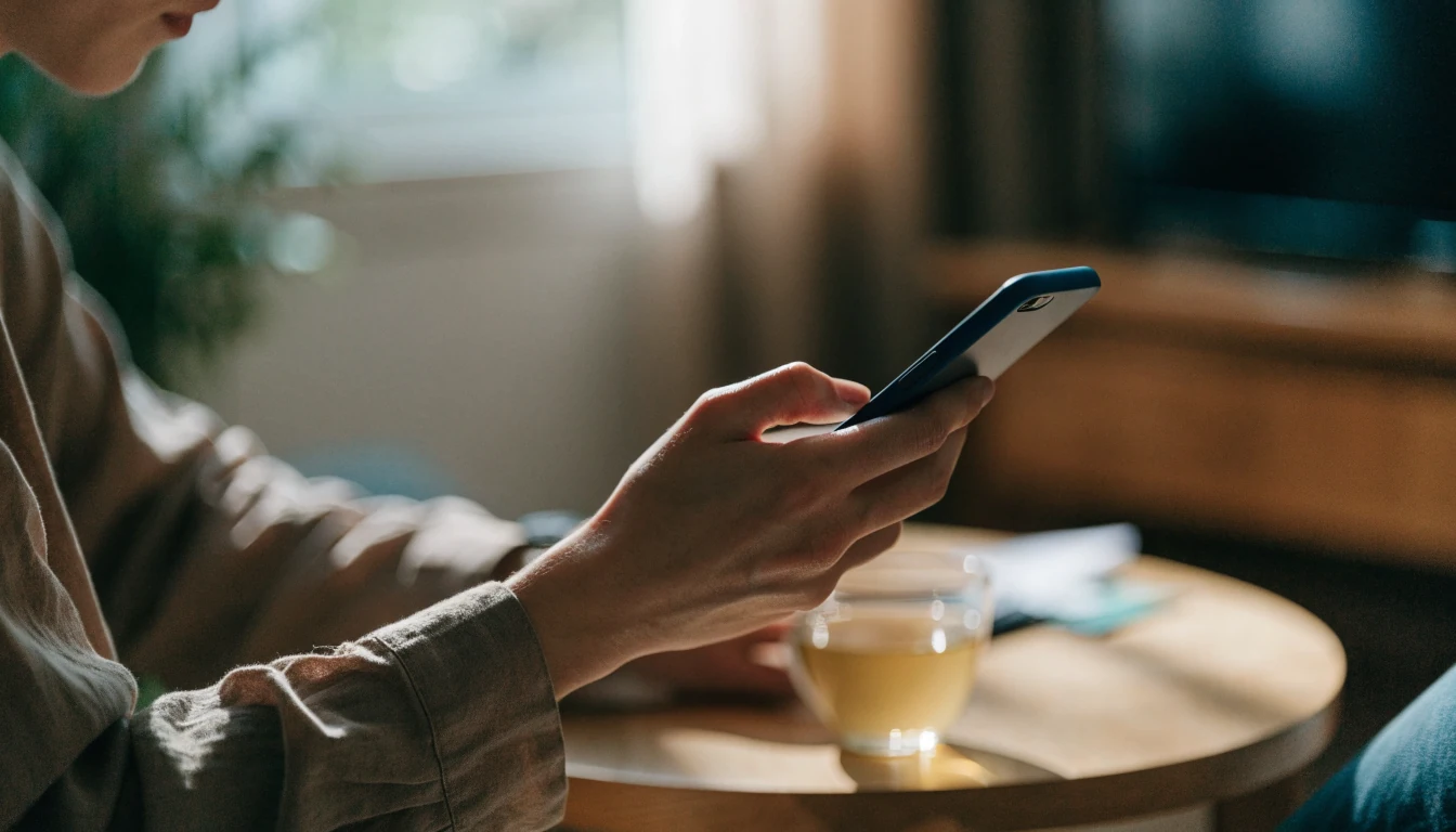 Person in UK home holding a smartphone face-down next to a tea cup