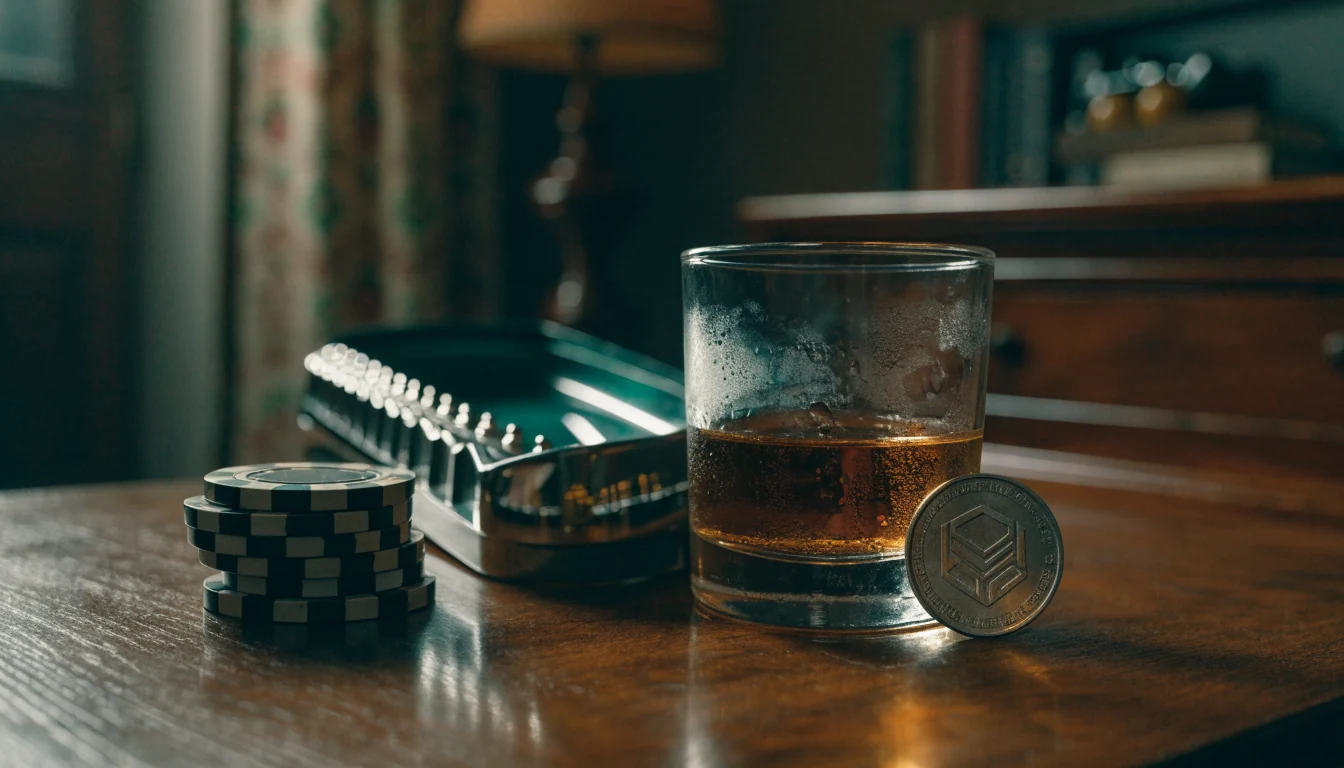 Casino chips, roulette wheel, and a Solana coin on a wooden desk