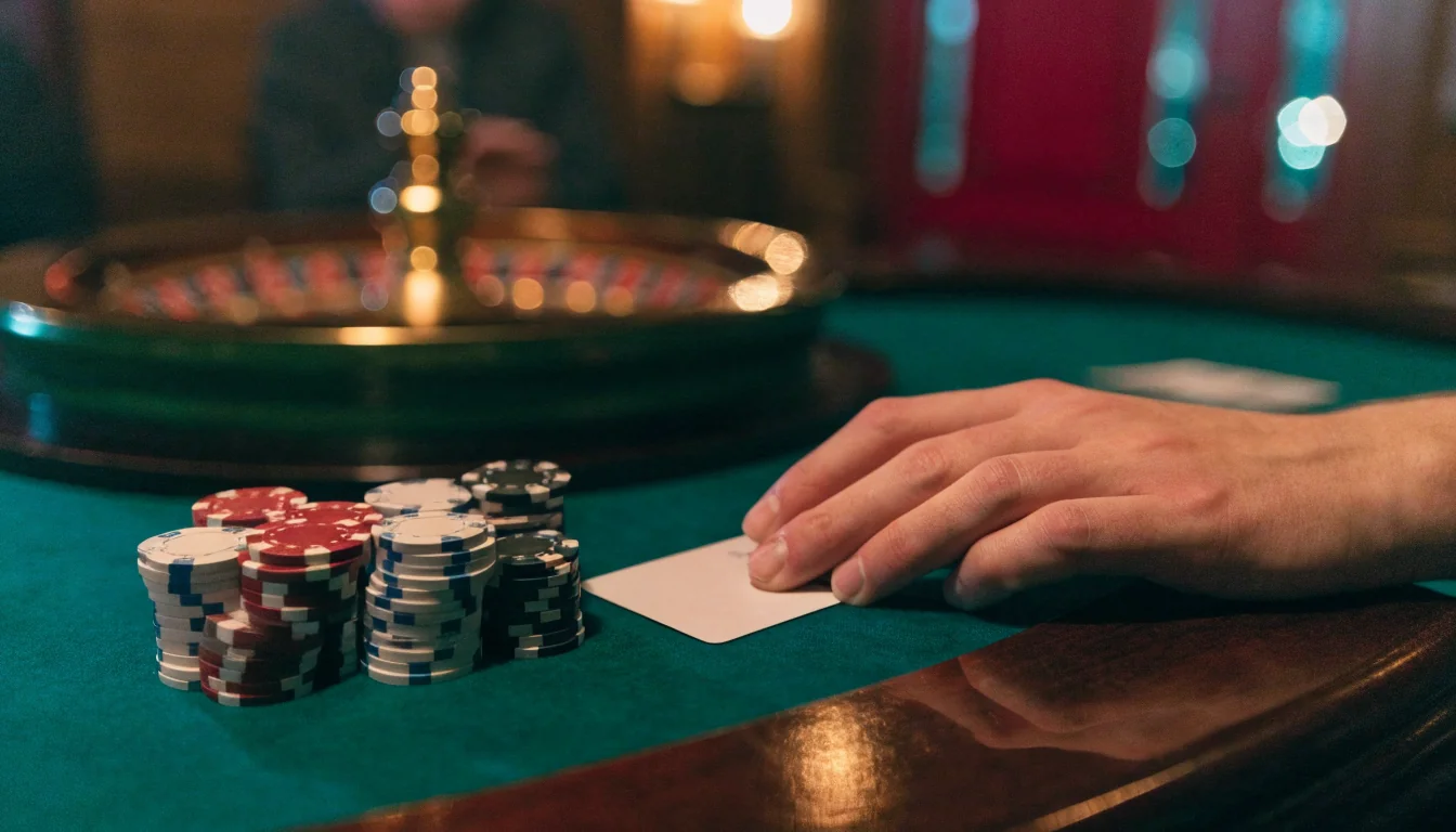 Generic payment card resting beside poker chips on a casino table with a roulette wheel in the background
