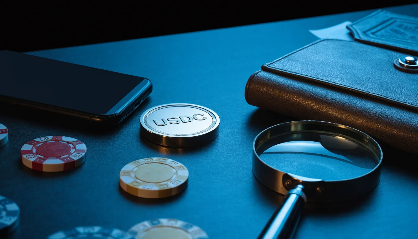 USDC token and casino items beside a concealed smartphone on a desk