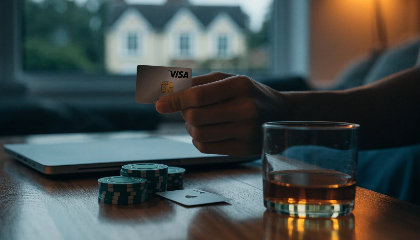 Hand holding Visa credit card near laptop with casino chips in UK home setting
