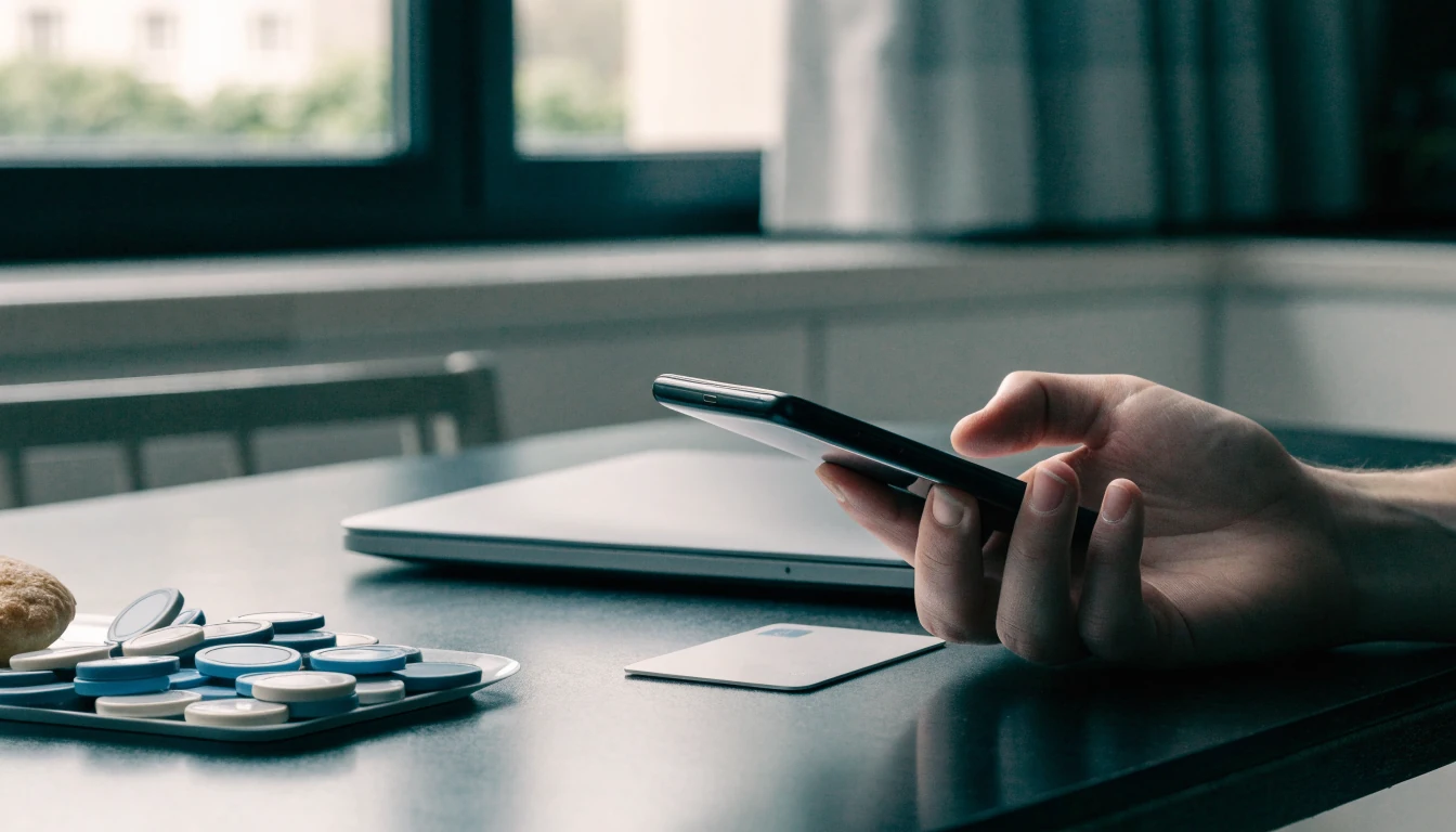UK player checking a hidden smartphone beside neutral payment items