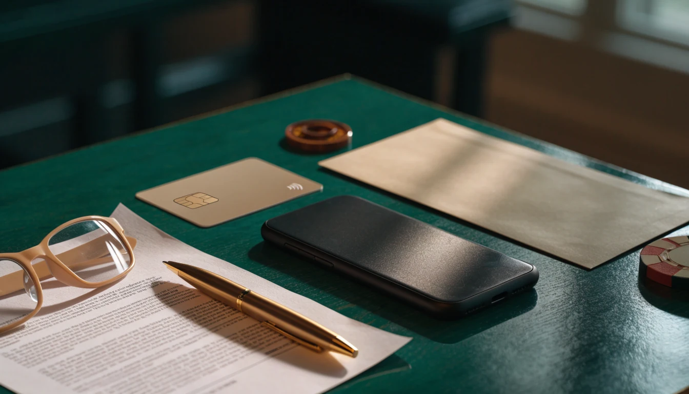 Closed phone, bank card, and bonus terms reviewed at a UK casino desk