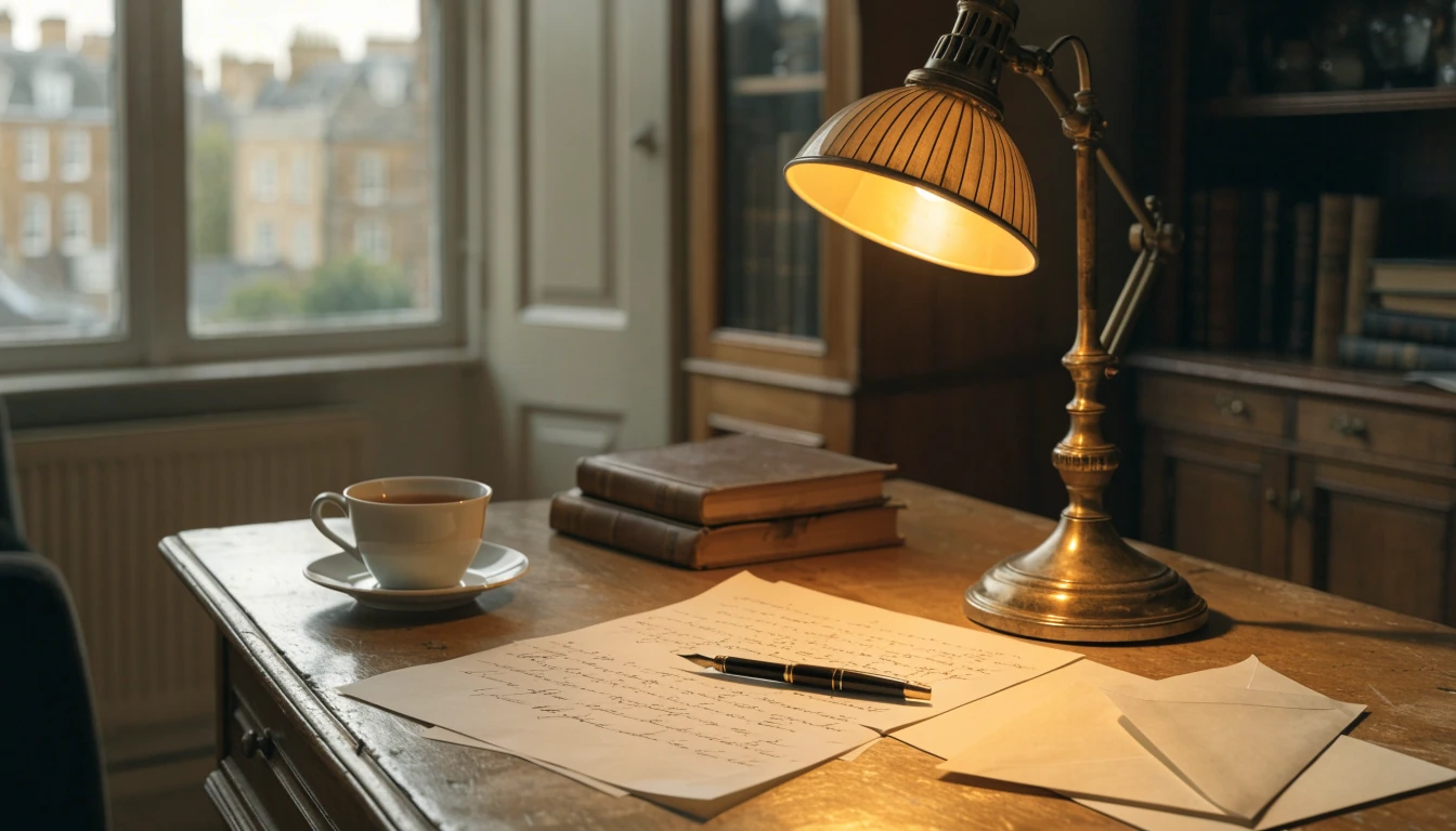 British editorial desk with handwritten letters, fountain pen, envelope, and tea under warm lamplight.