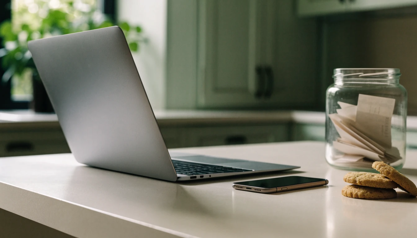 Laptop and smartphone beside plain cookies on a UK kitchen counter