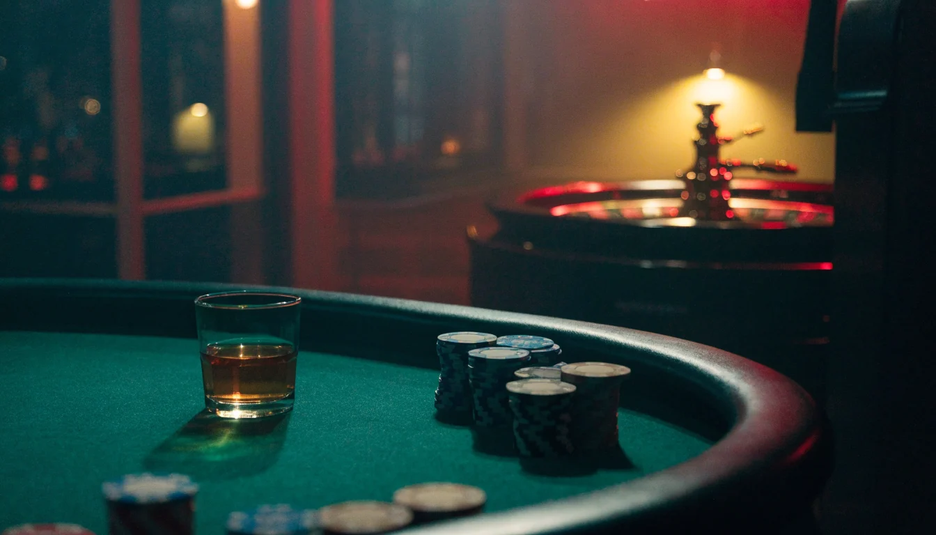 Empty British casino table with stacked chips and roulette wheel at night.