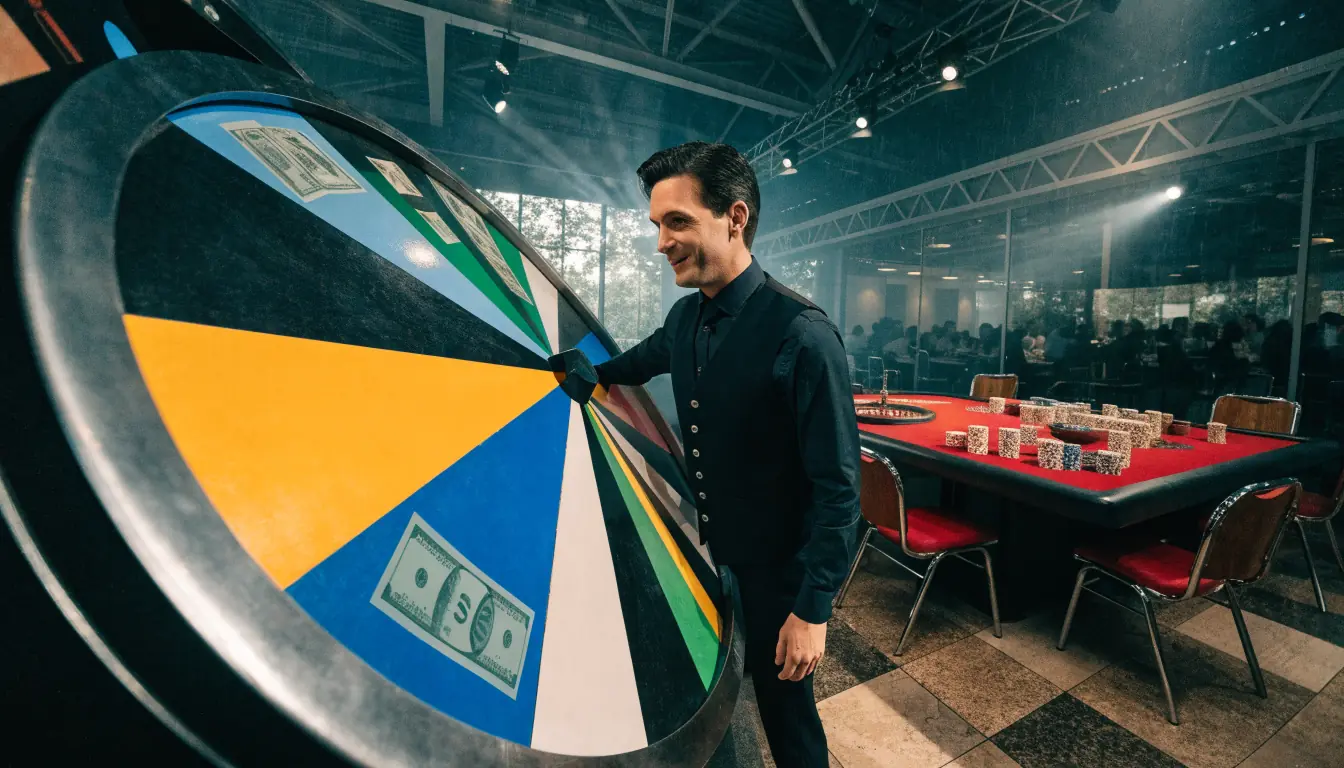 Live dealer presenting a colourful casino wheel show in an elegant British studio