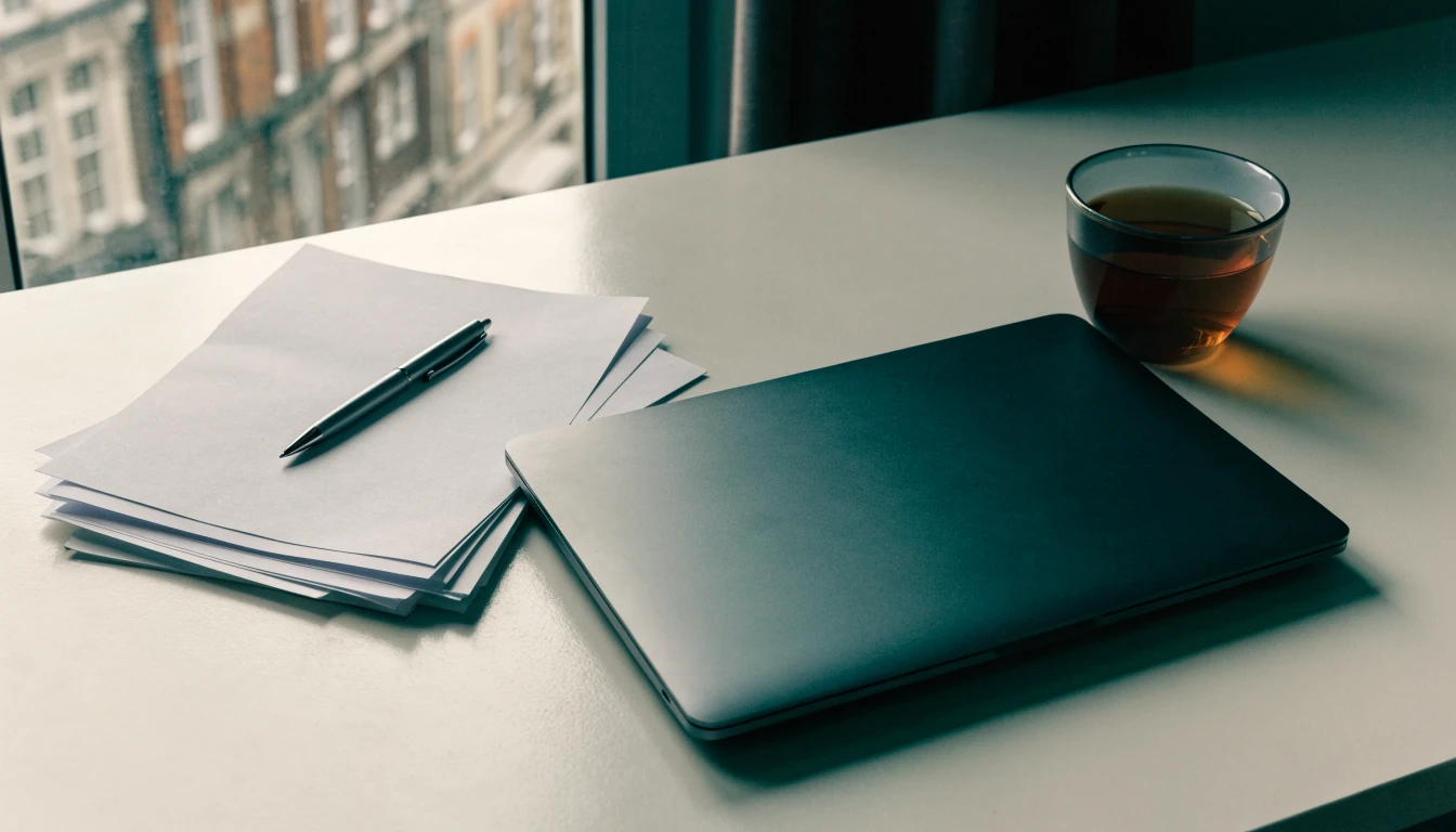 Closed laptop and documents on a calm British newsroom desk