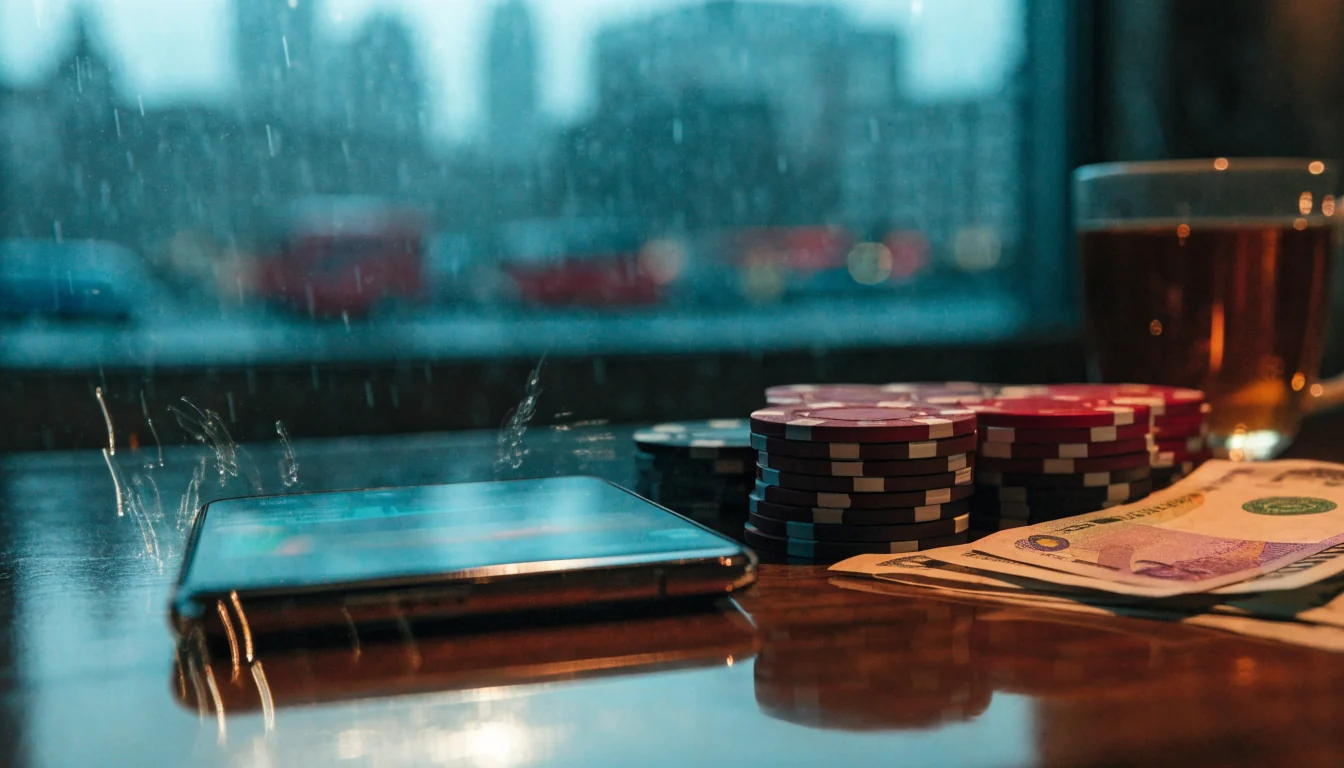 Smartphone glowing on a desk beside casino chips and British banknotes with London skyline in background