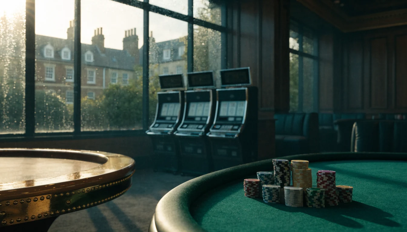 Morning casino lounge with roulette wheel and colourful chips