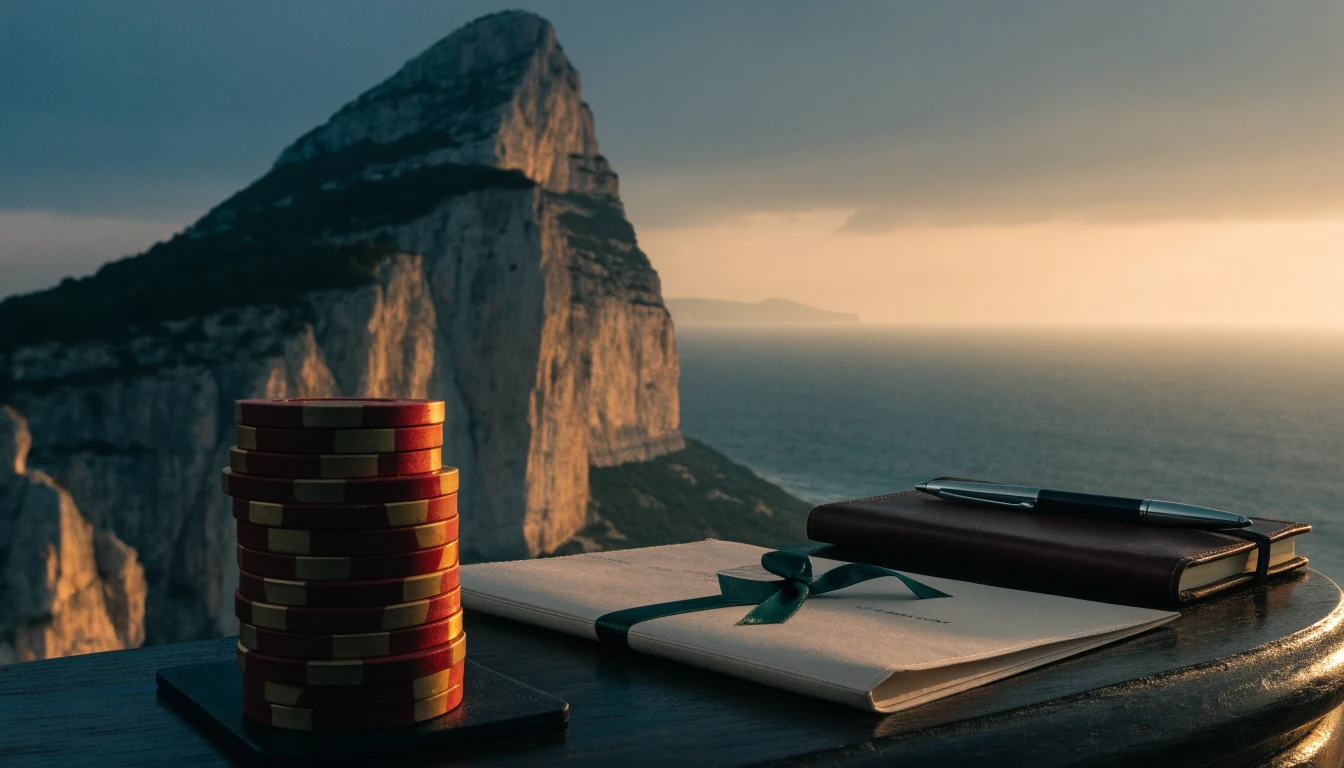 Gibraltar Rock at sunset with casino chips and a sealed licence folder on a table.
