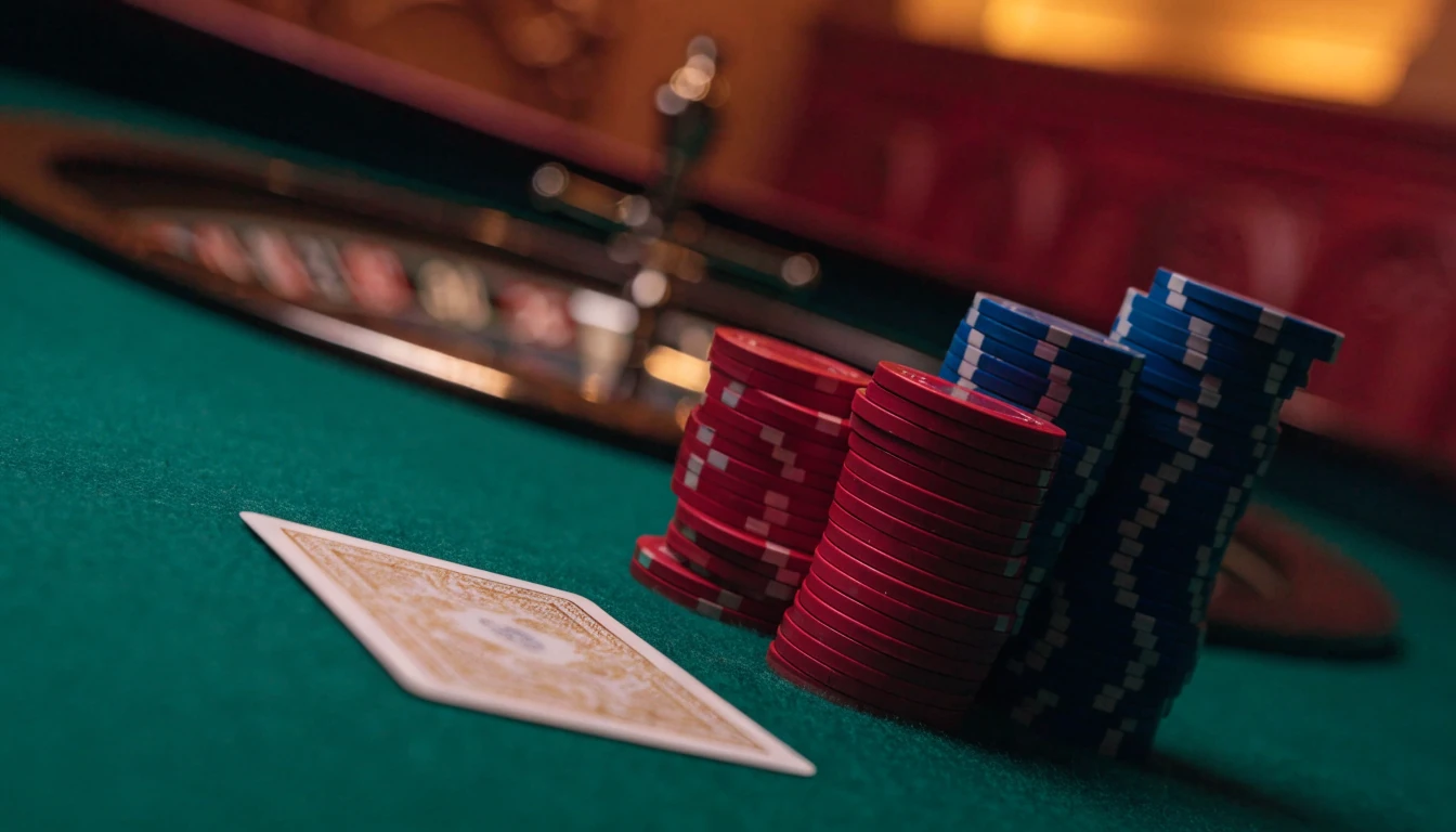 Face-down playing card with casino chips on a UK casino table