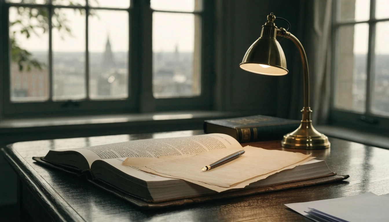 London law office desk with legal documents and a leather-bound ledger