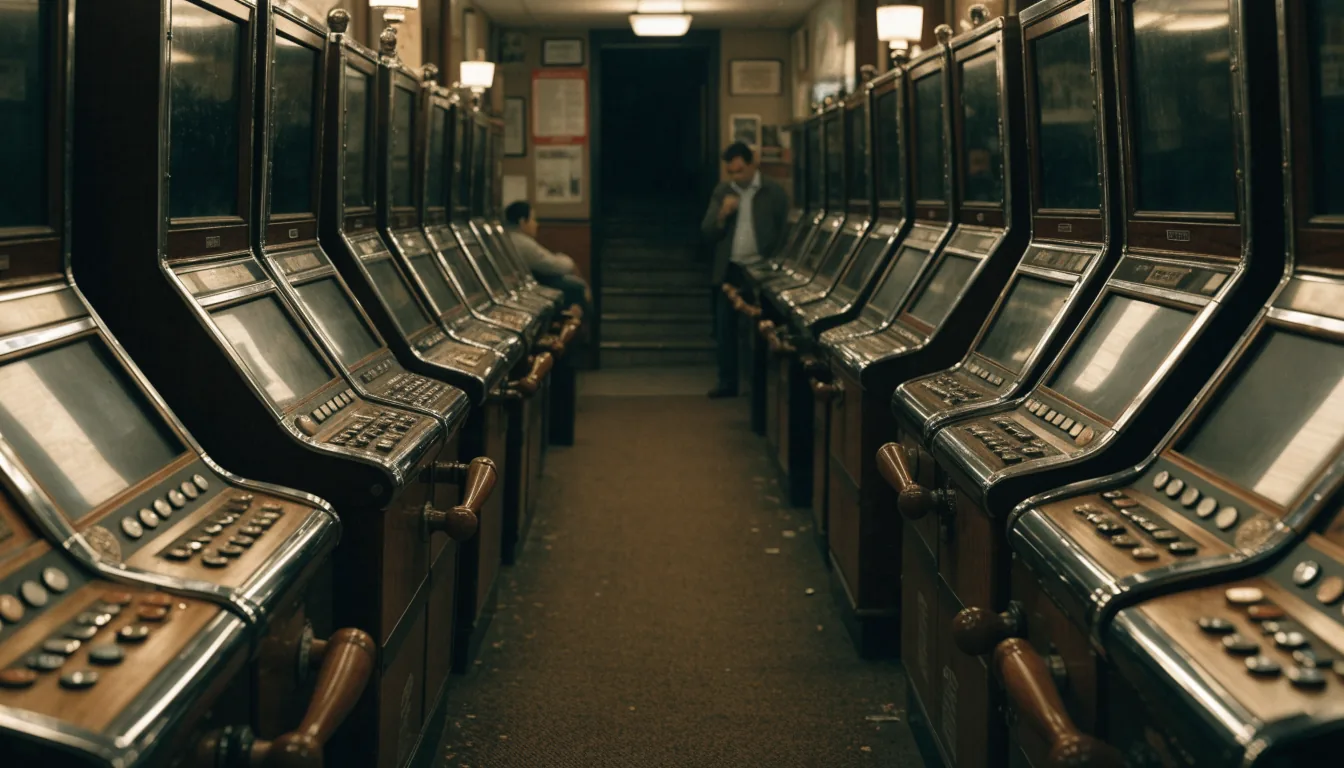 Interior of a UK betting shop with rows of slot machine cabinets, screens turned away.