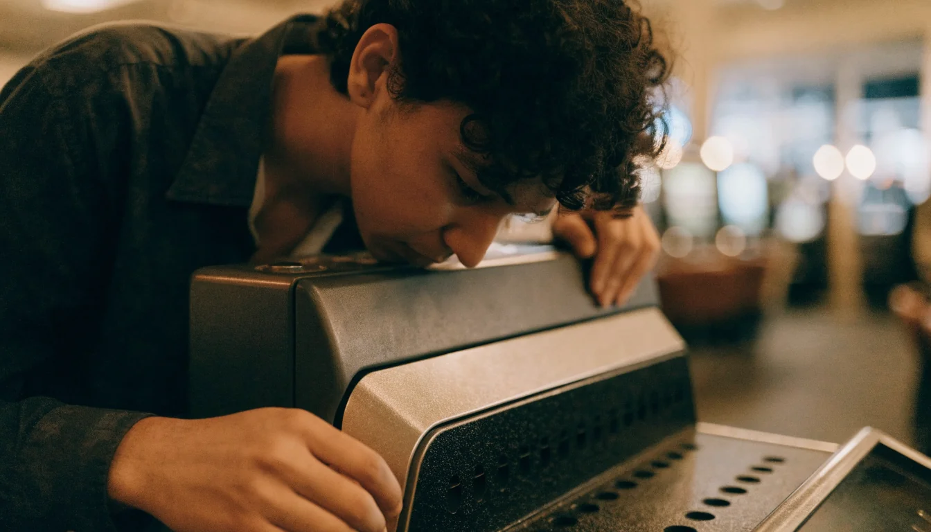 Person closely inspecting the lower panel of a slot machine cabinet.