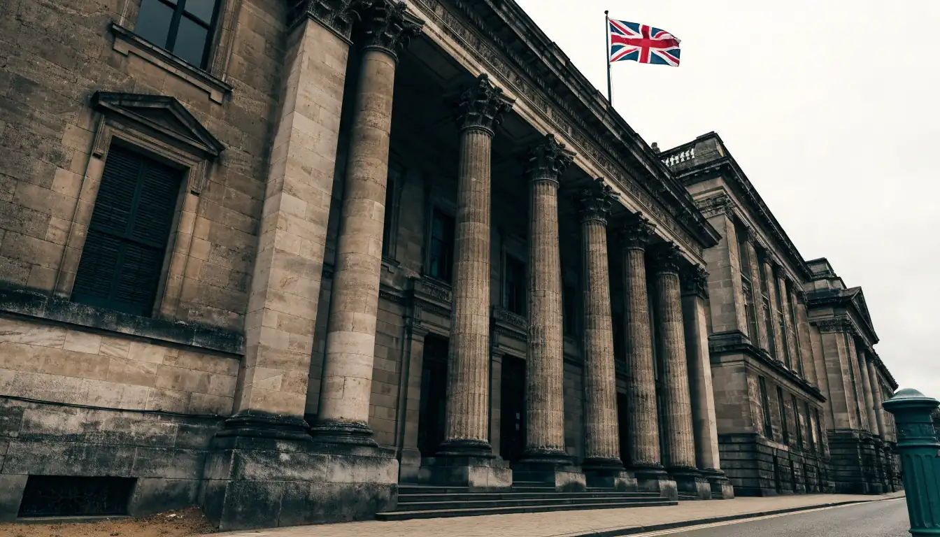 Imposing British government building with classical columns and Union Jack flag.