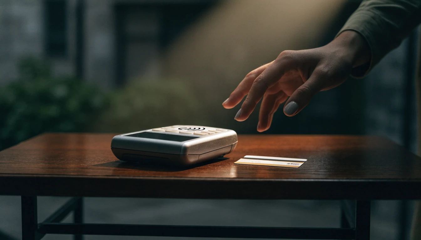 Credit card and payment terminal on a dark wooden table.
