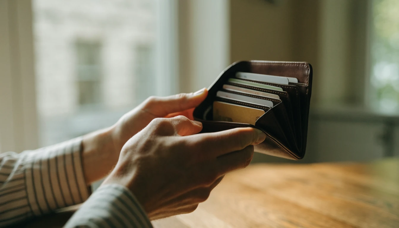 Hands opening a leather wallet revealing several payment cards inside.