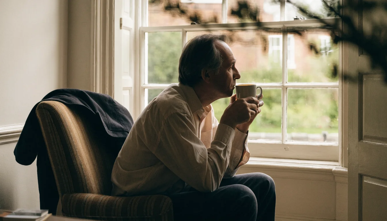 Thoughtful person in an armchair by a window holding a mug of tea.