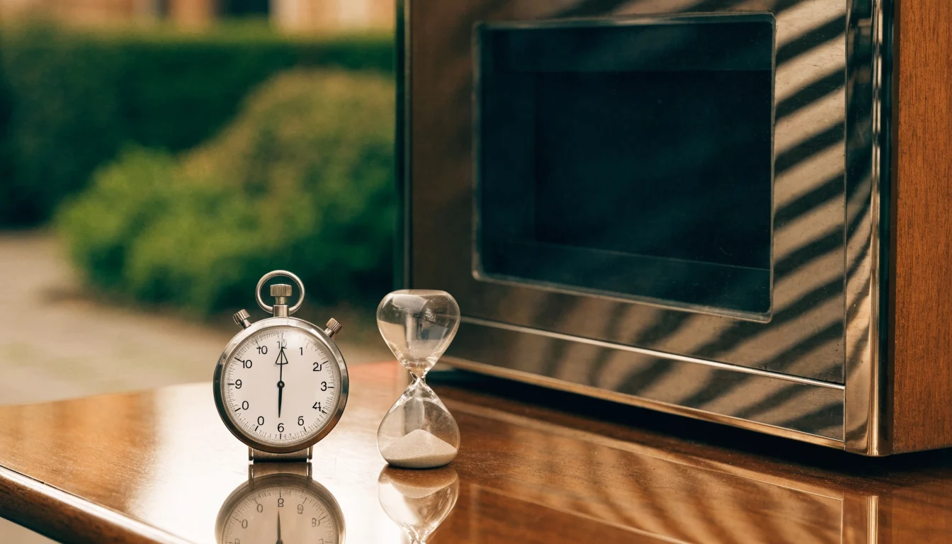 Vintage stopwatch and hourglass near a turned-off slot cabinet.
