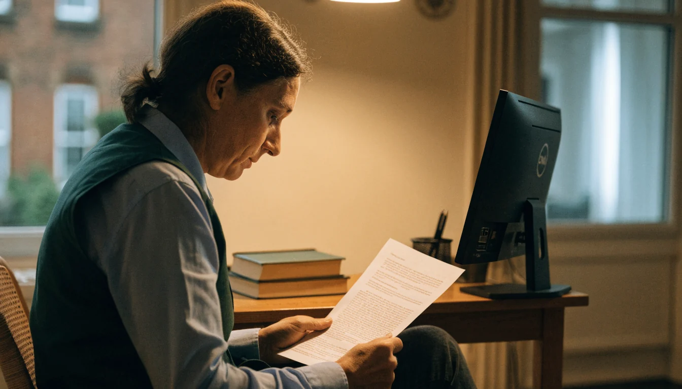 Person at a home desk carefully reading a printed page.