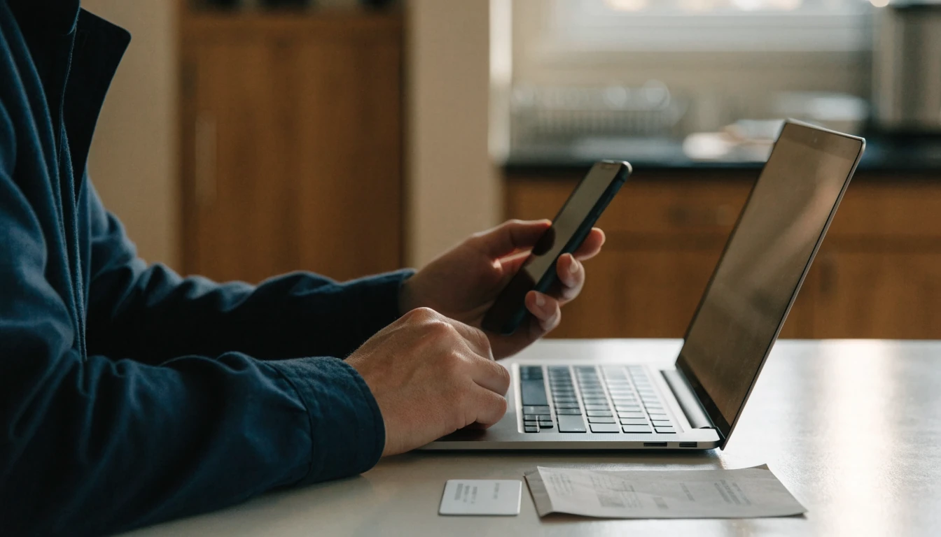 Person securely preparing a bank transfer on home devices