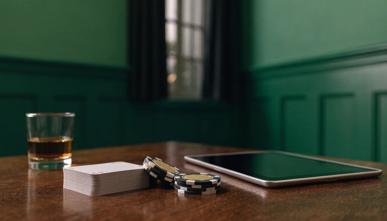 Tablet in a refined British lounge with discreet casino accessories