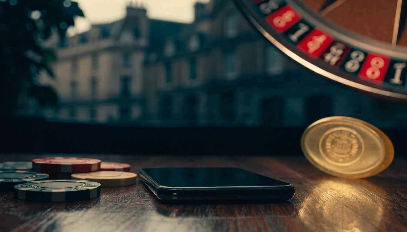 Face-down smartphone beside casino chips and roulette wheel in a premium UK-themed scene