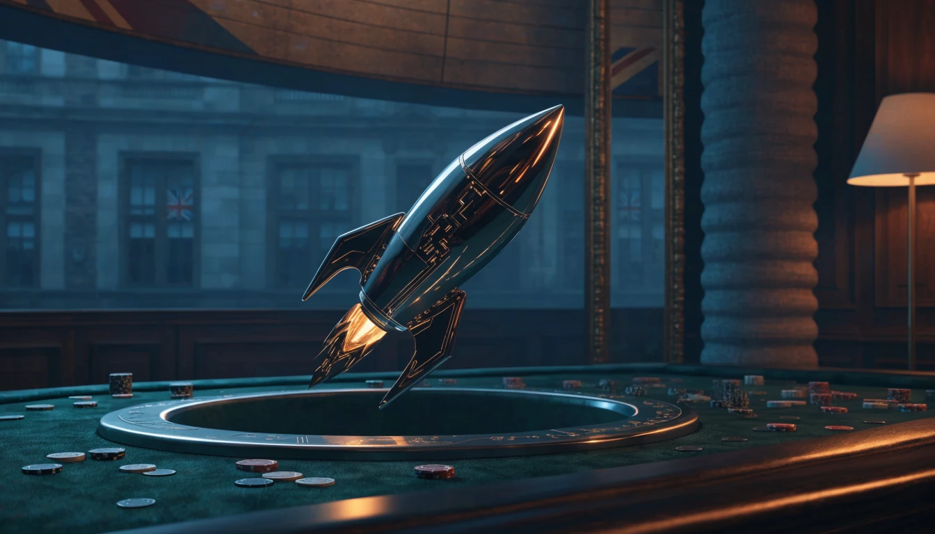 Silver rocket and casino chips in a stylish British gaming lounge.