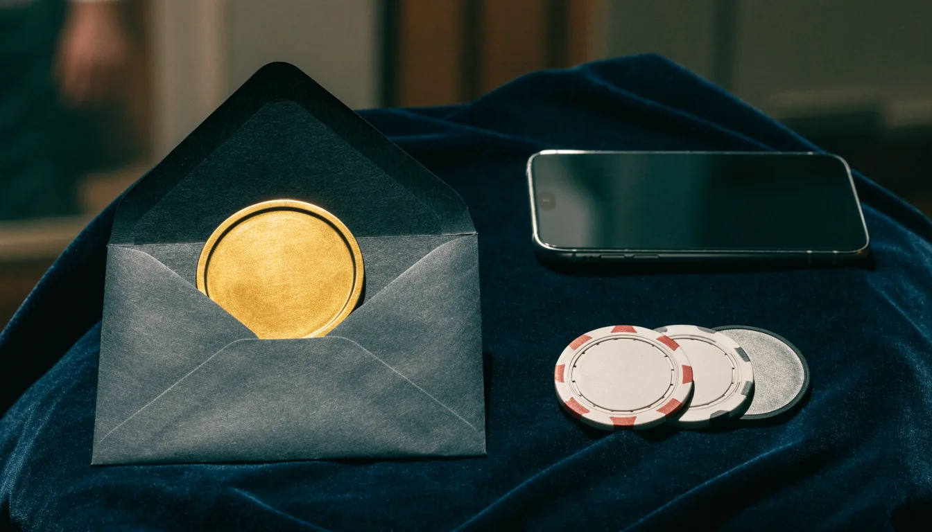 Elegant UK casino bonus still life with token, chips, and blank phone
