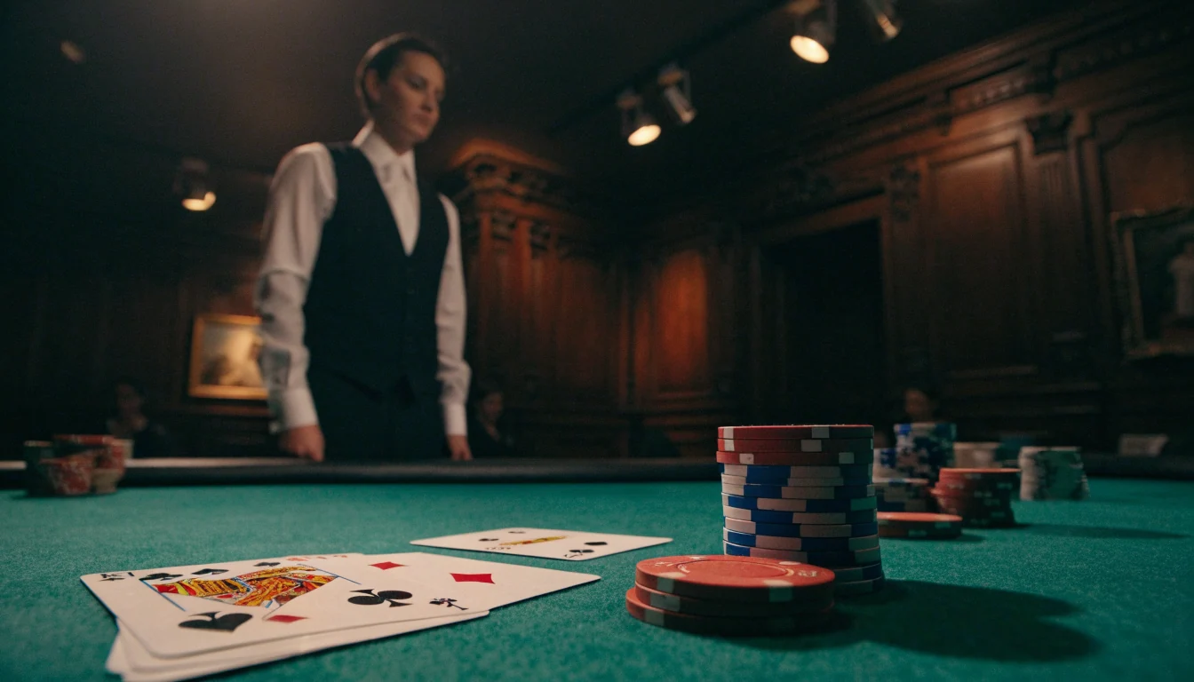 Elegant live blackjack studio with green felt table, chips, and a croupier in the background.