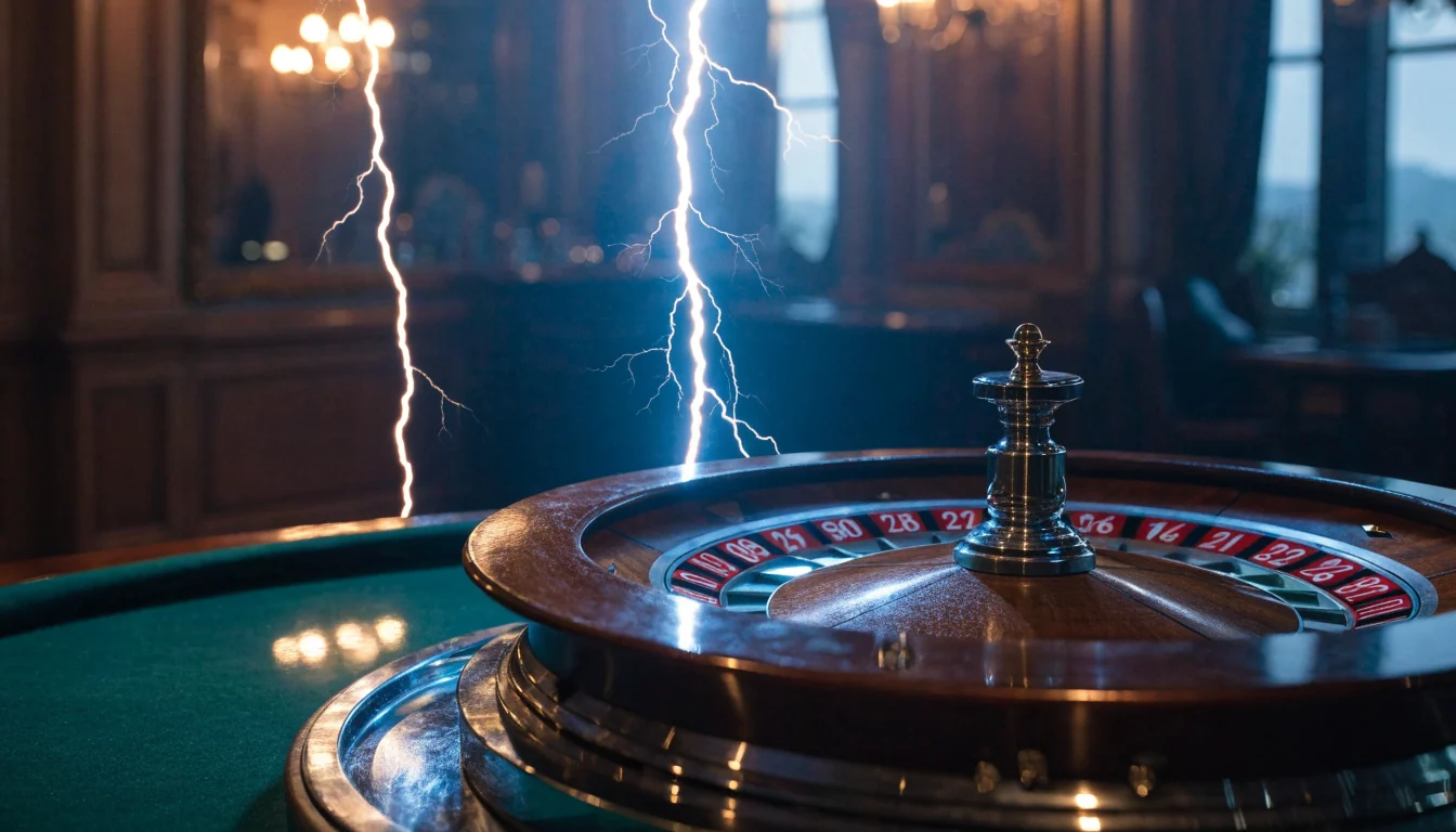 Roulette wheel struck by lightning bolts in an elegant live casino studio