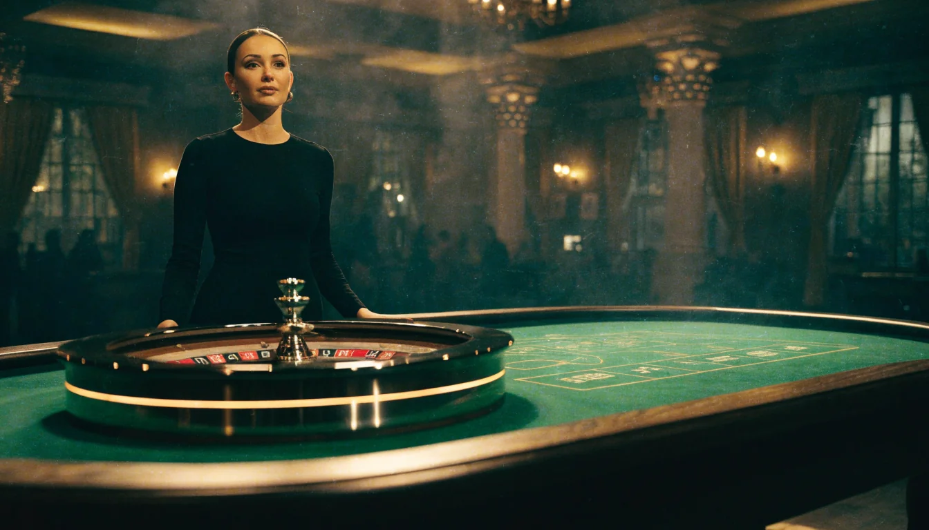 English-speaking dealer presenting a roulette wheel in a premium UK live studio