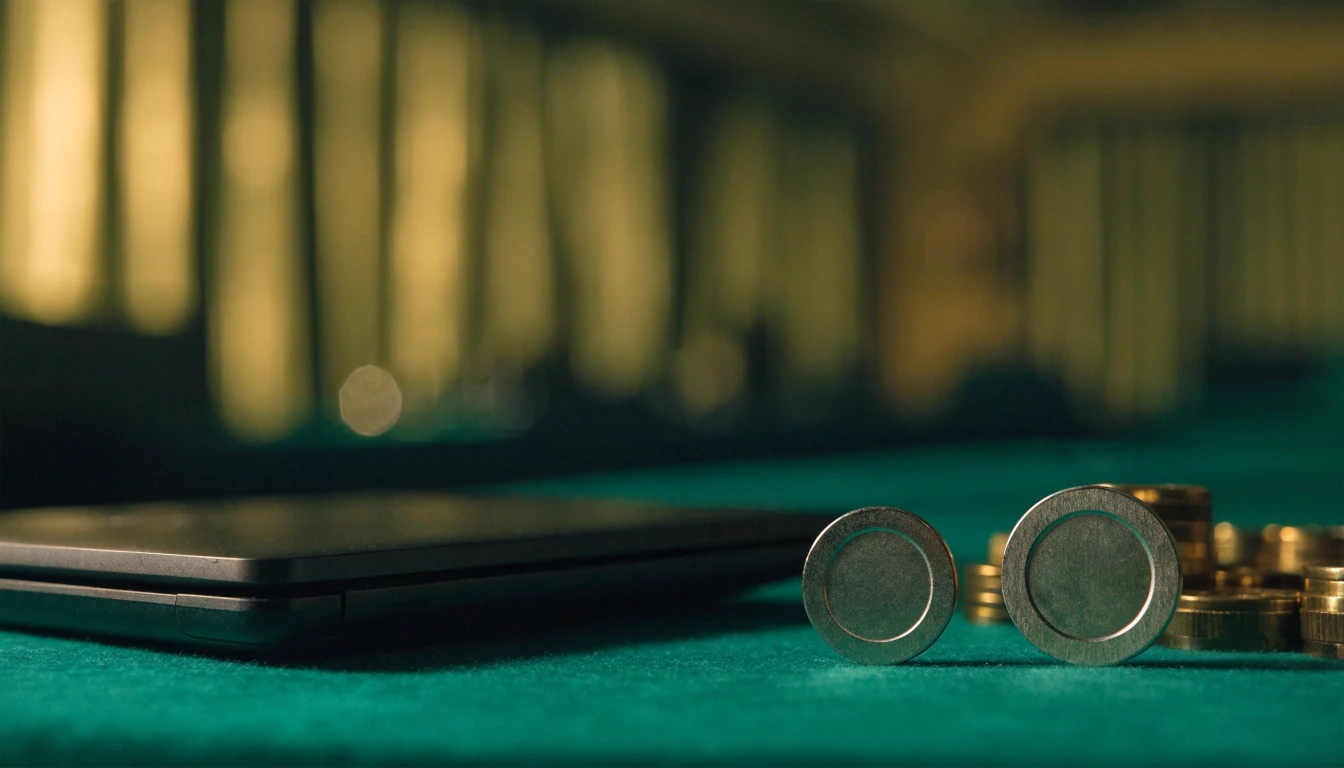 Two access tokens beside a closed laptop and casino tokens