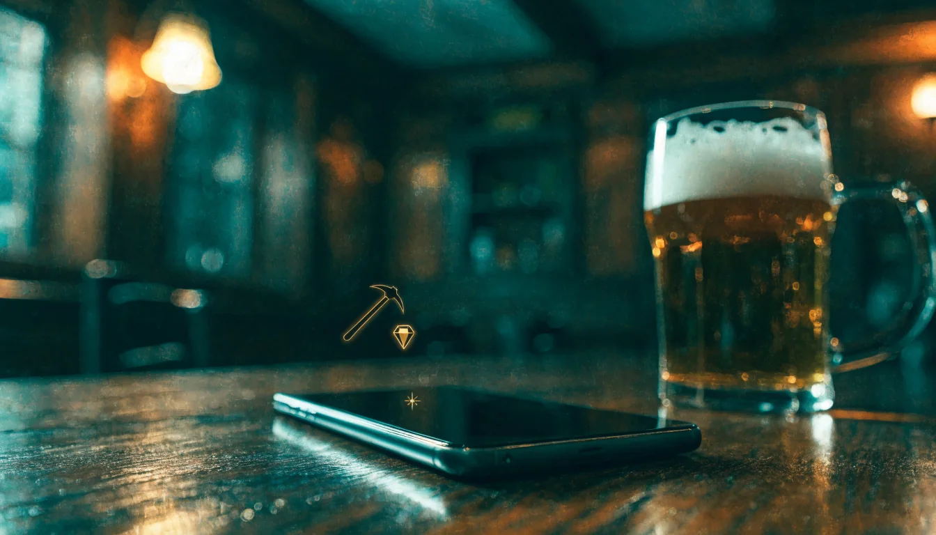 Smartphone on a British pub table with floating gem and pickaxe icons, suggesting online Mines casino in the UK.
