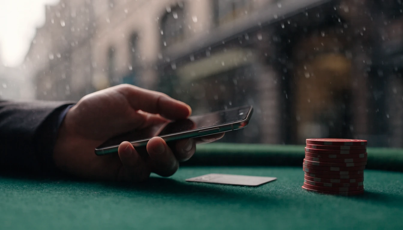 Smartphone, unbranded payment card and red casino chips on green felt