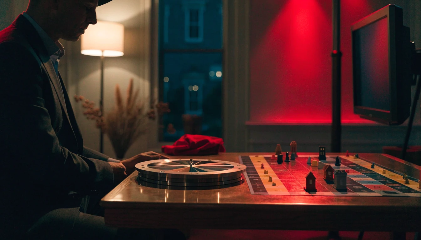 Dealer hosting a board-and-wheel casino game in an elegant UK studio