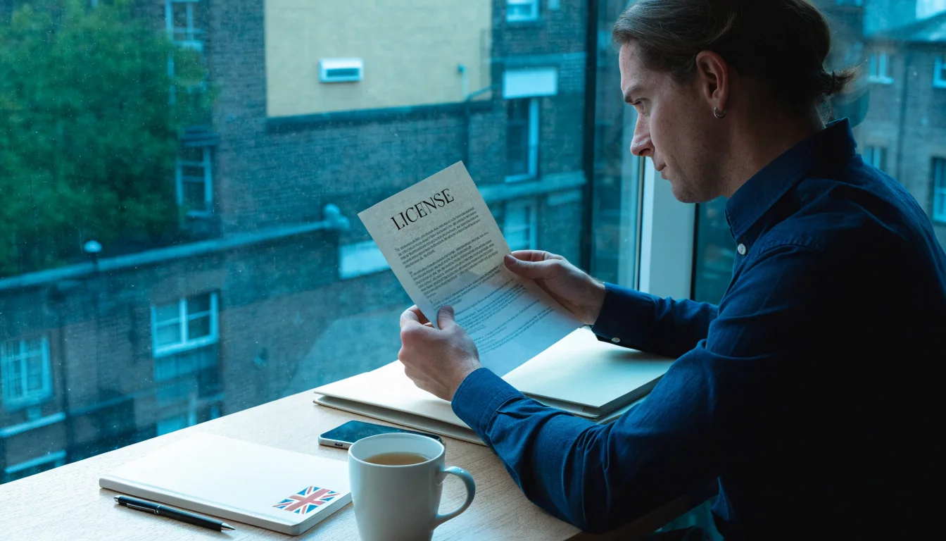 UK adult checking casino licensing documents beside a face-down smartphone