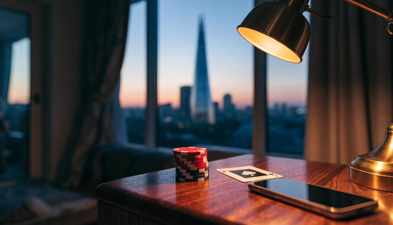 Casino chips and a playing card on a wooden table beside a face-down smartphone in a London apartment.