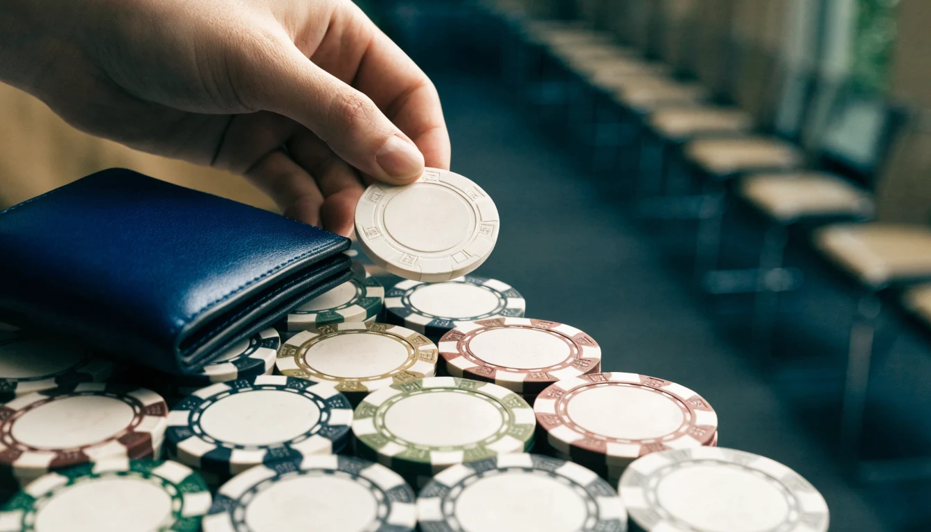Casino chip beside a closed wallet in a clean editorial scene