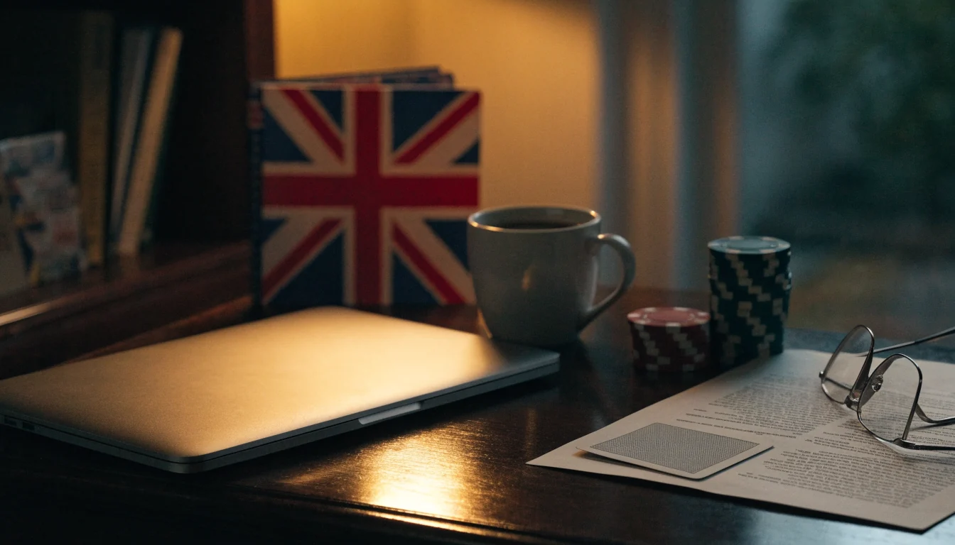 Casino chips and a closed laptop on a wooden desk in a British home