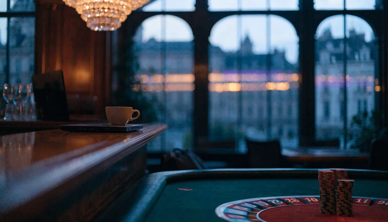European casino lounge interior with roulette table and closed laptop at dusk