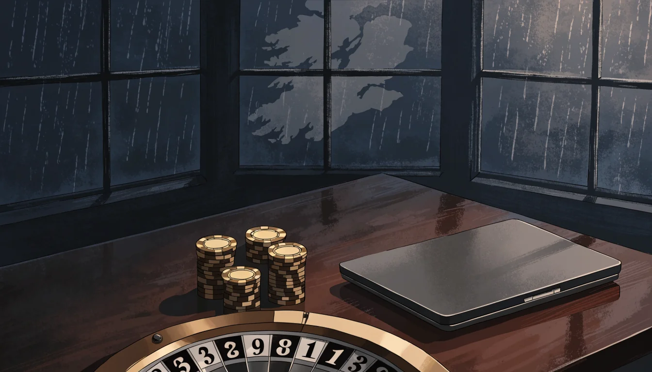 Closed laptop beside casino chips near a rain-streaked British window