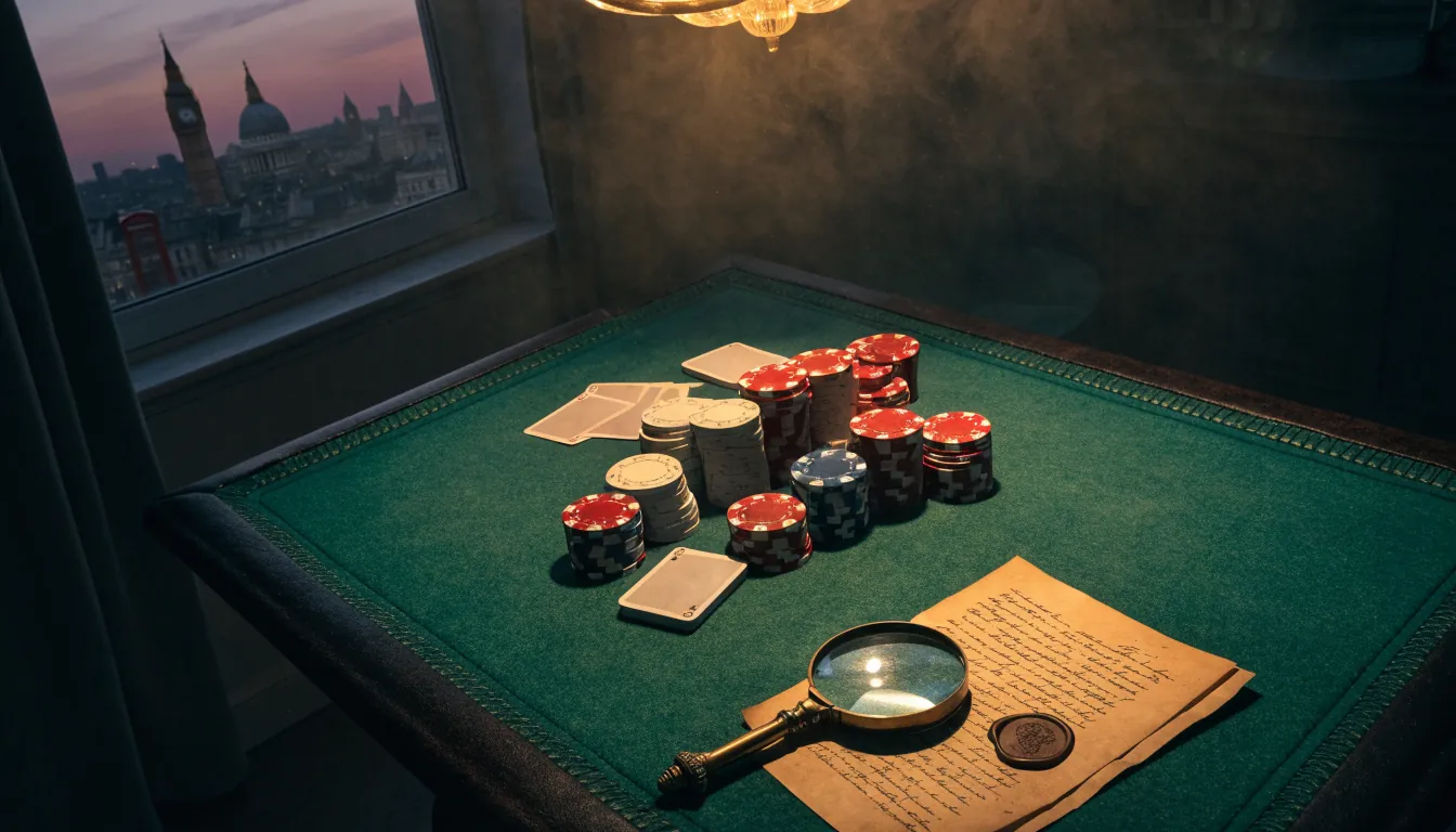 Casino chips, cards, and a magnifying glass on a document atop a green felt table, London skyline softly blurred behind.