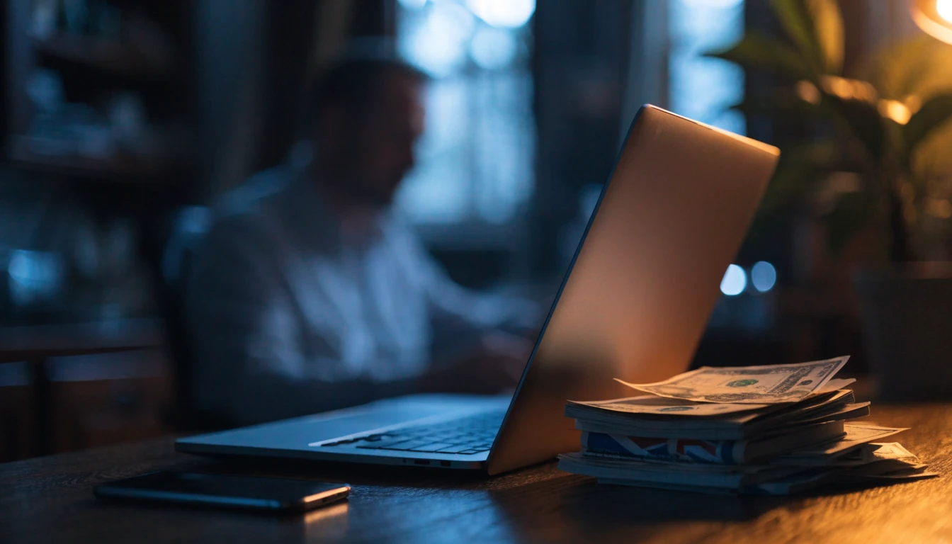 Laptop with hidden screen on dark desk beside passports and cash, suggesting offshore gambling